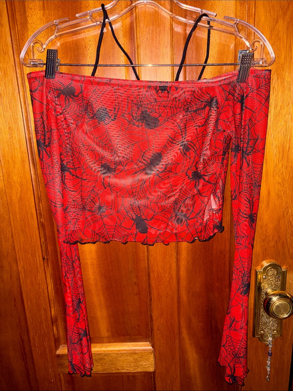SHEIN Red Spiderweb Mesh Off-Shoulder Long Sleeve Top